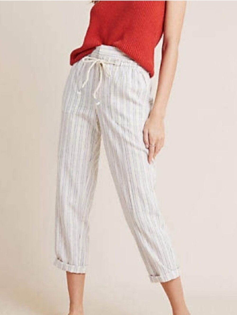 Anthropologie Striped Linen-Blend Drawstring Pants in White and Blue